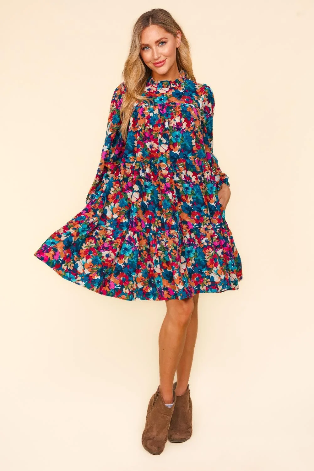 PLUS MOCK NECK KNEE WATER COLOR FLORAL DRESS