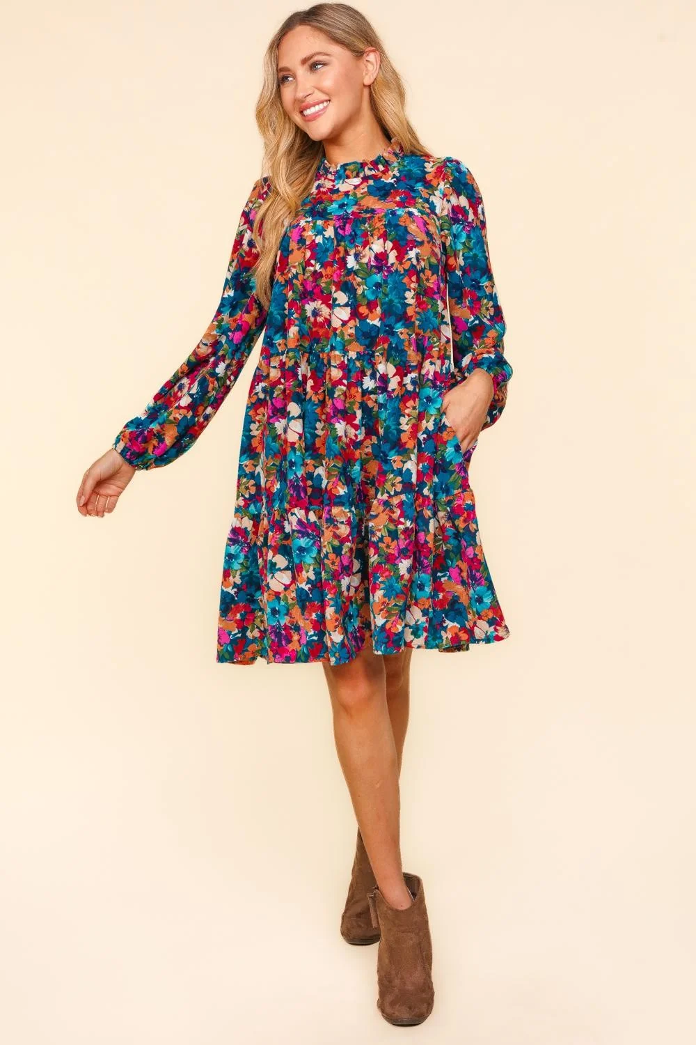 PLUS MOCK NECK KNEE WATER COLOR FLORAL DRESS - Image 5