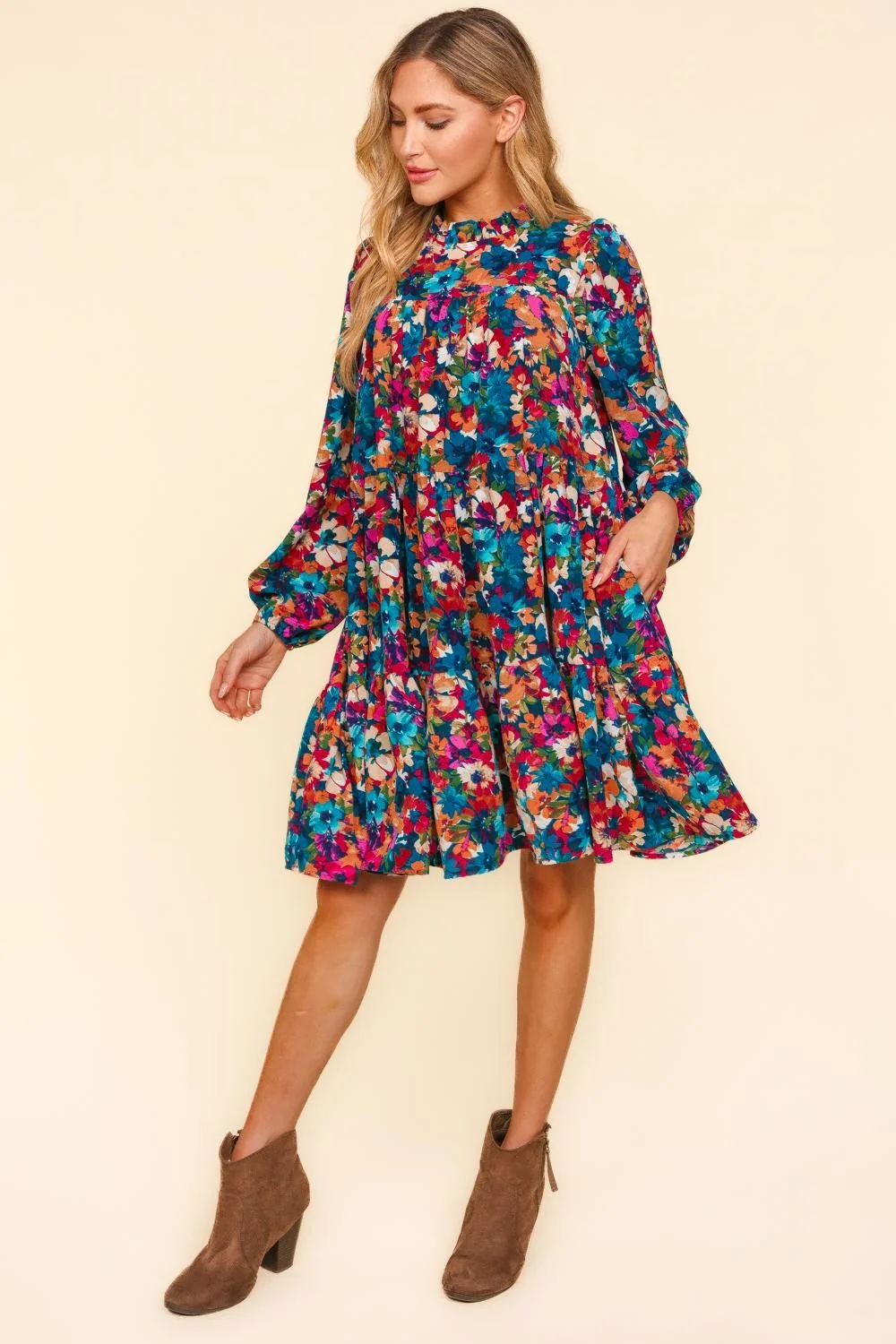 PLUS MOCK NECK KNEE WATER COLOR FLORAL DRESS - Image 6