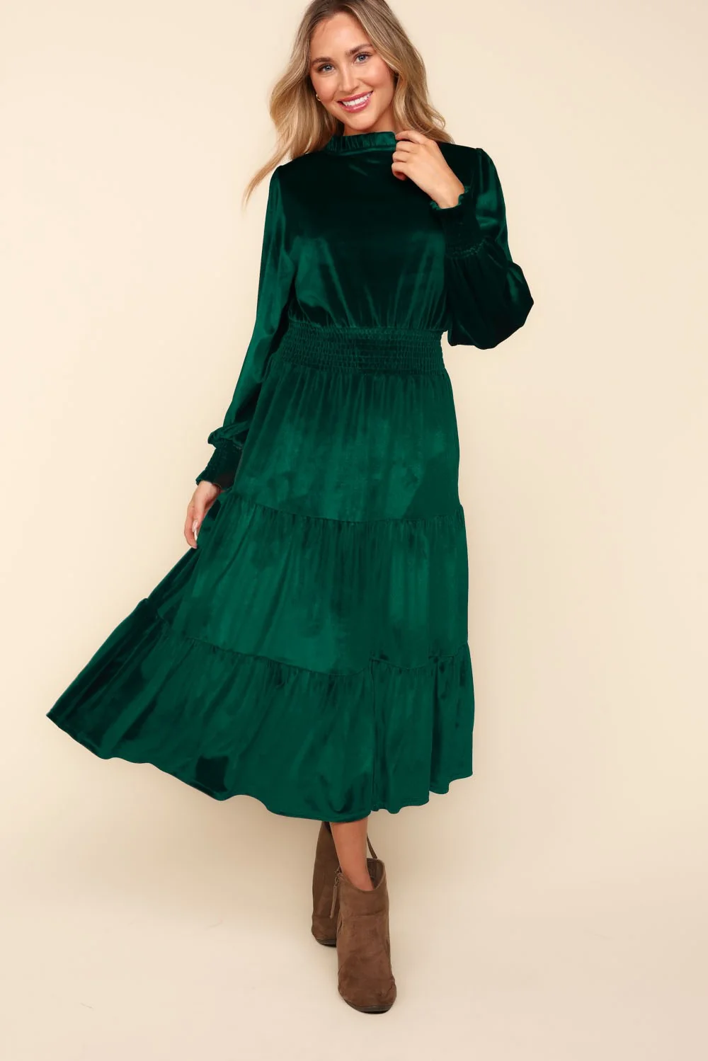 MOCK NECK SMOCKED WAIST BABYDOLL VELVET DRESS - Image 2