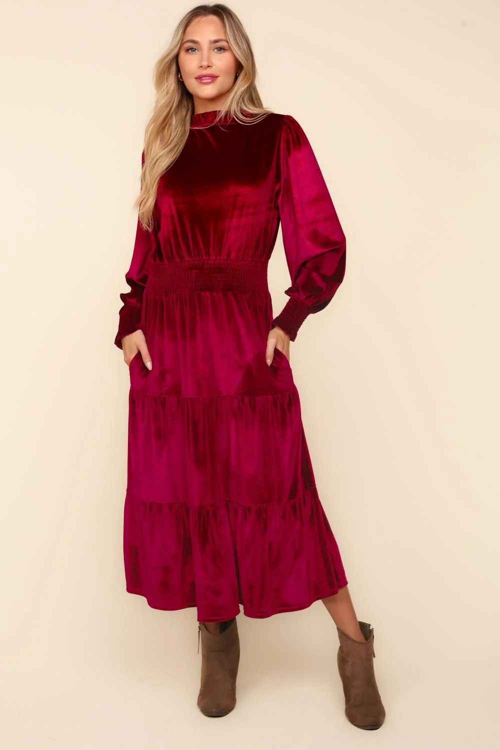 MOCK NECK SMOCKED WAIST BABYDOLL VELVET DRESS - Image 5