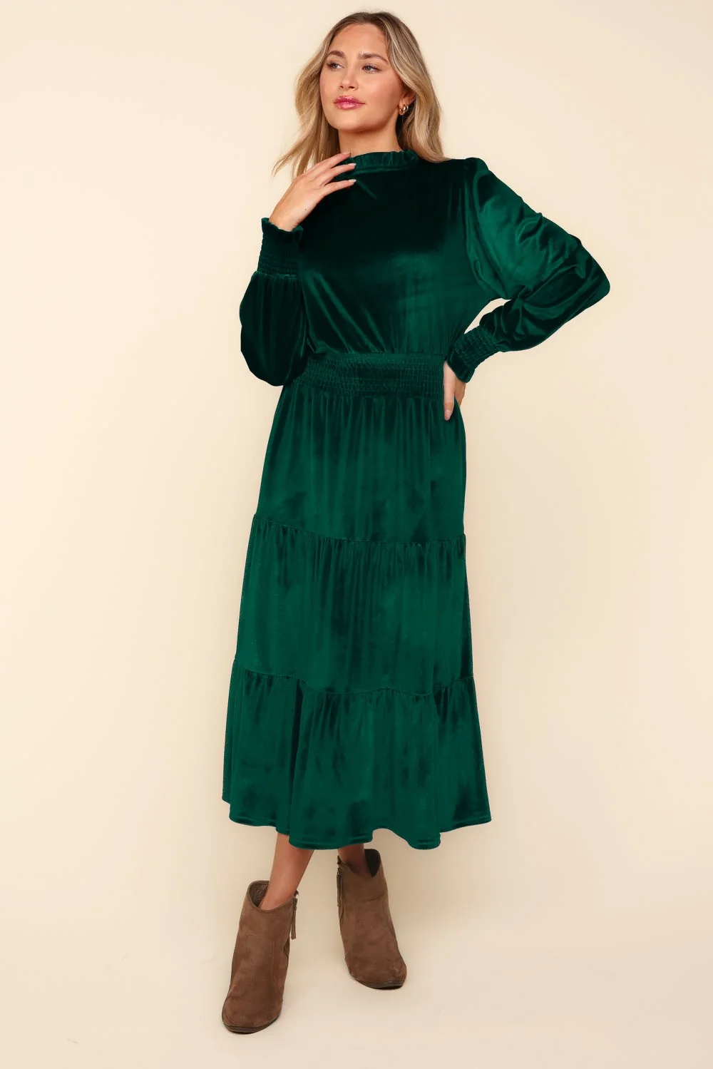 MOCK NECK SMOCKED WAIST BABYDOLL VELVET DRESS - Image 6