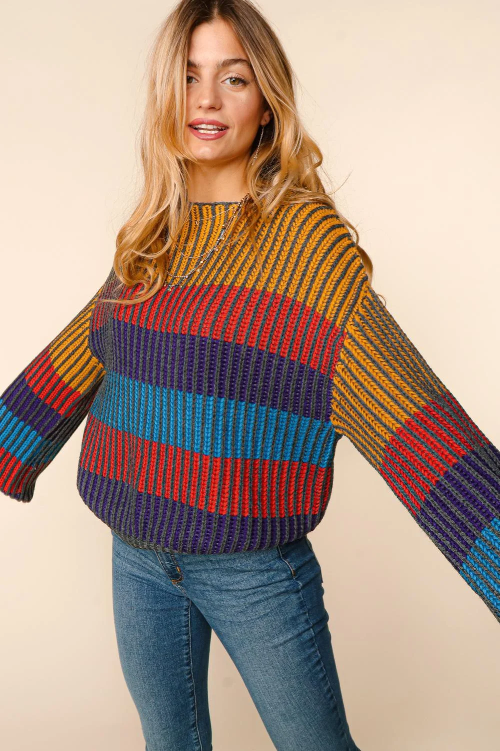 PLUS MULTI COLOR STRIPE BUBBLE LONG SLEEVE OVERSIZE SWEATER - Image 3