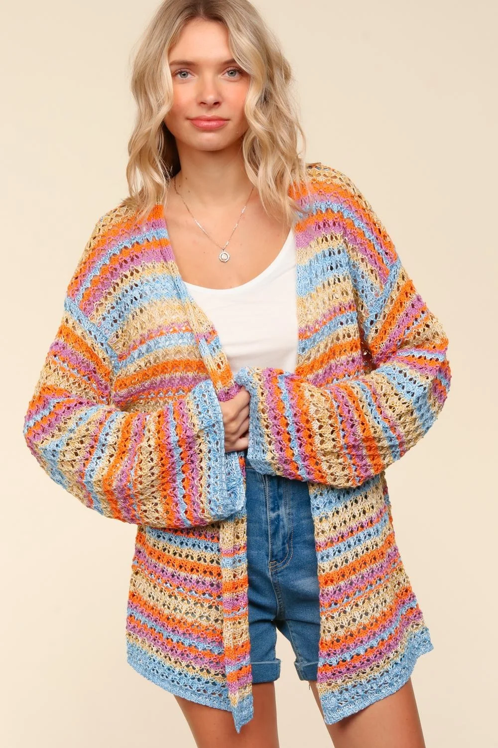MULTI COLOR STRIPE CROCHET SWEATER CARDIGAN - Image 2