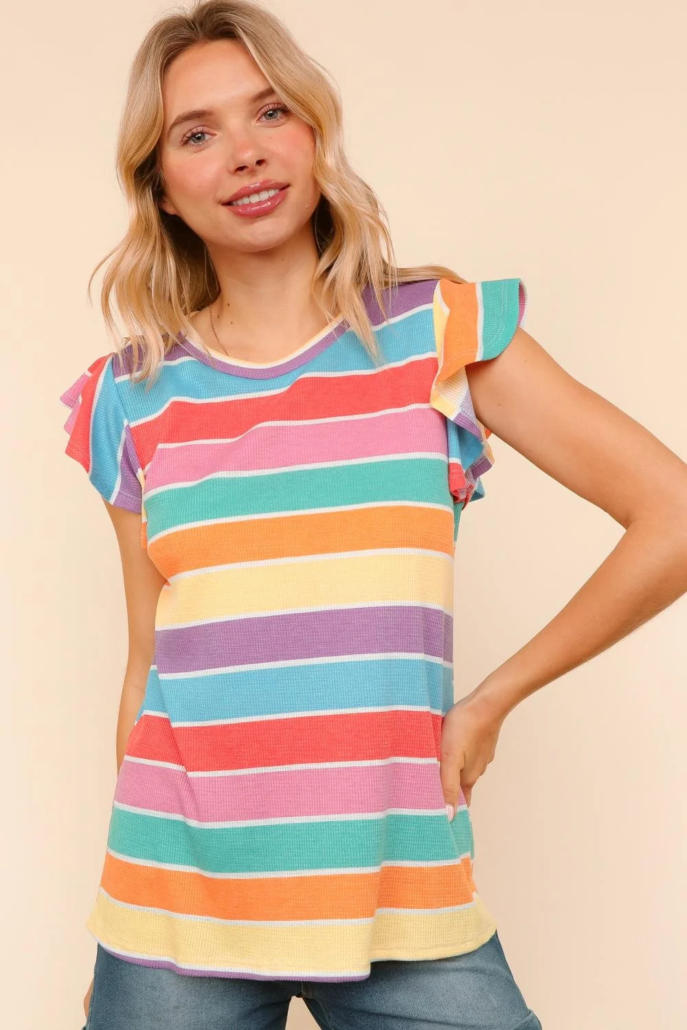 Plus Multicolor Knit Top W/Ruffle Short Sleeve - Image 2