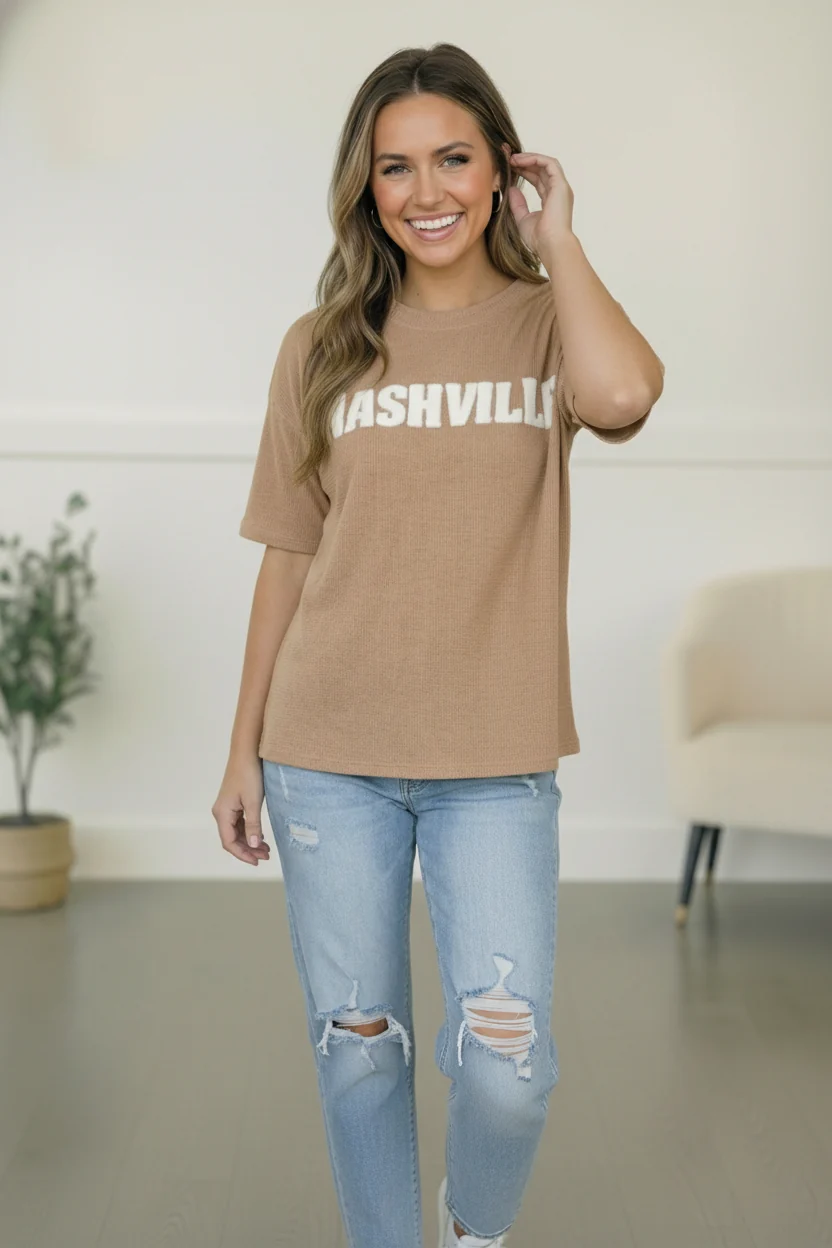 NASHVILLE PUFFY POP UP LETTER OVERSIZED RIB KNIT TOP