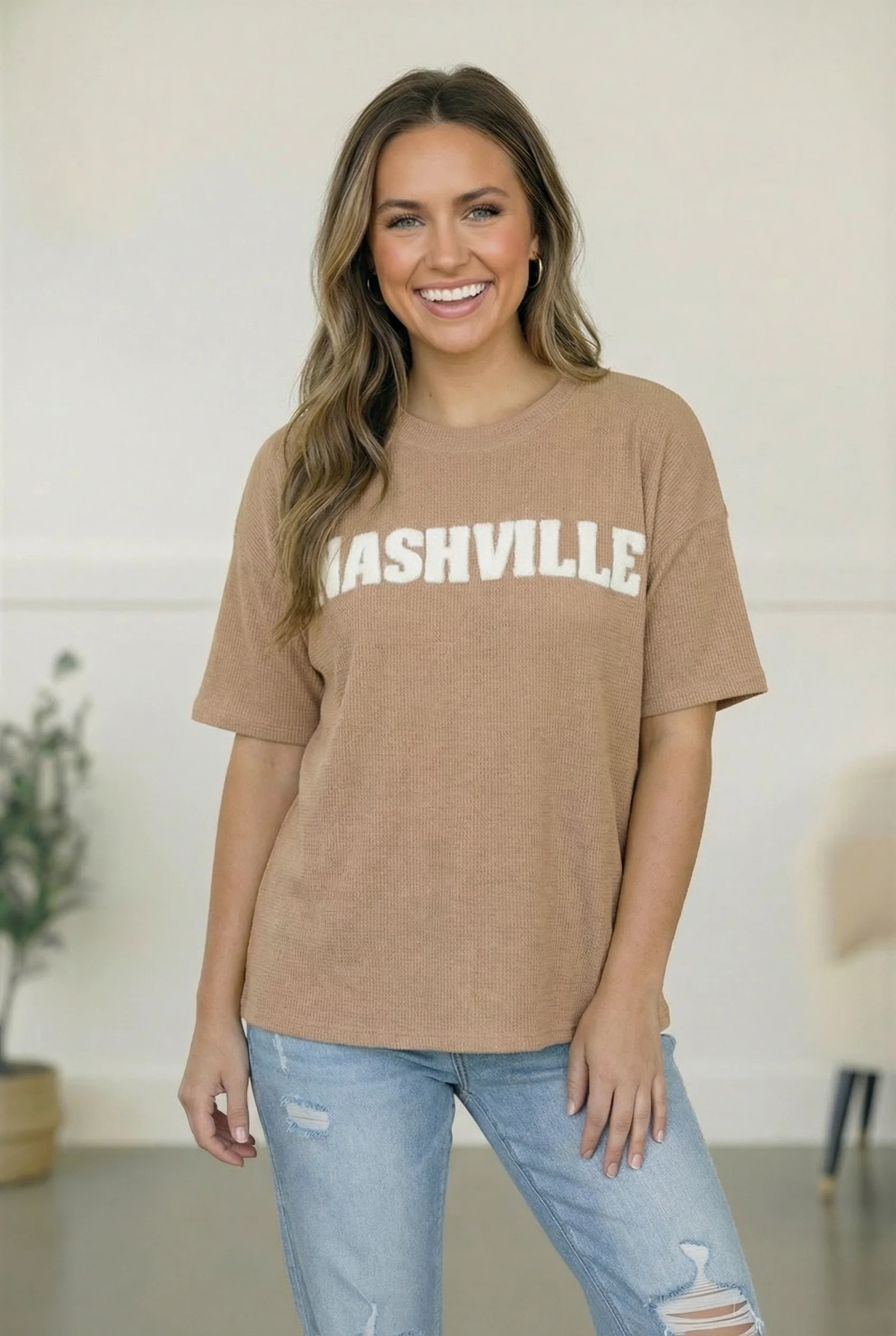 NASHVILLE PUFFY POP UP LETTER OVERSIZED RIB KNIT TOP - Image 2