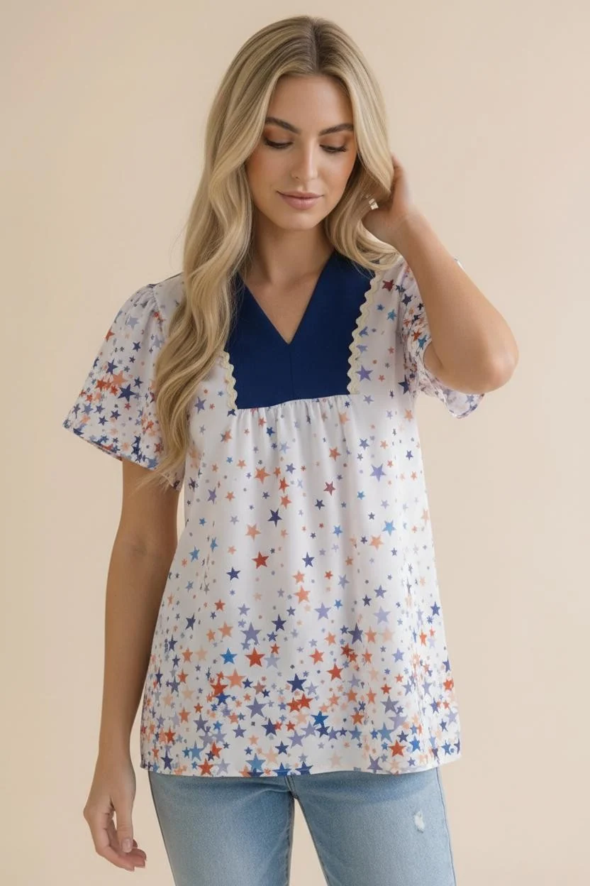 Plus Navy and Star Print Short Sleeve Babydoll Top - Image 2