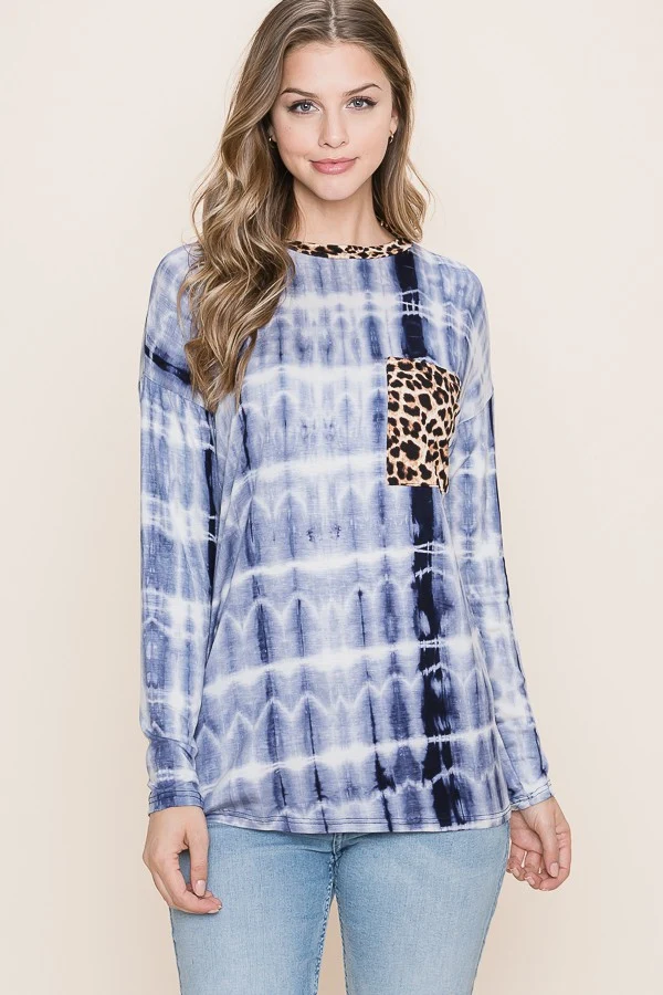 PLUS NAVY ANIMAL CONTRAST LONG SLEEVE TIEDYE TOP