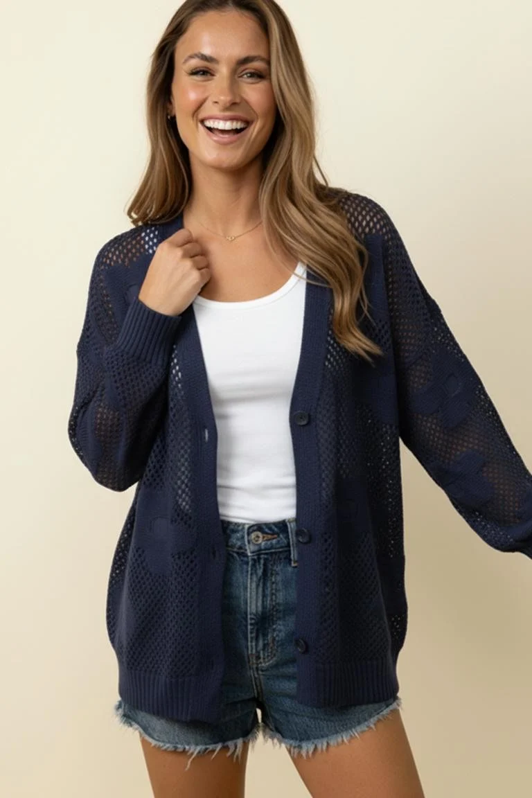 PLUS NAVY BUTTON DOWN NETTED FLOWER JACQUARD CARDIGAN - Image 2