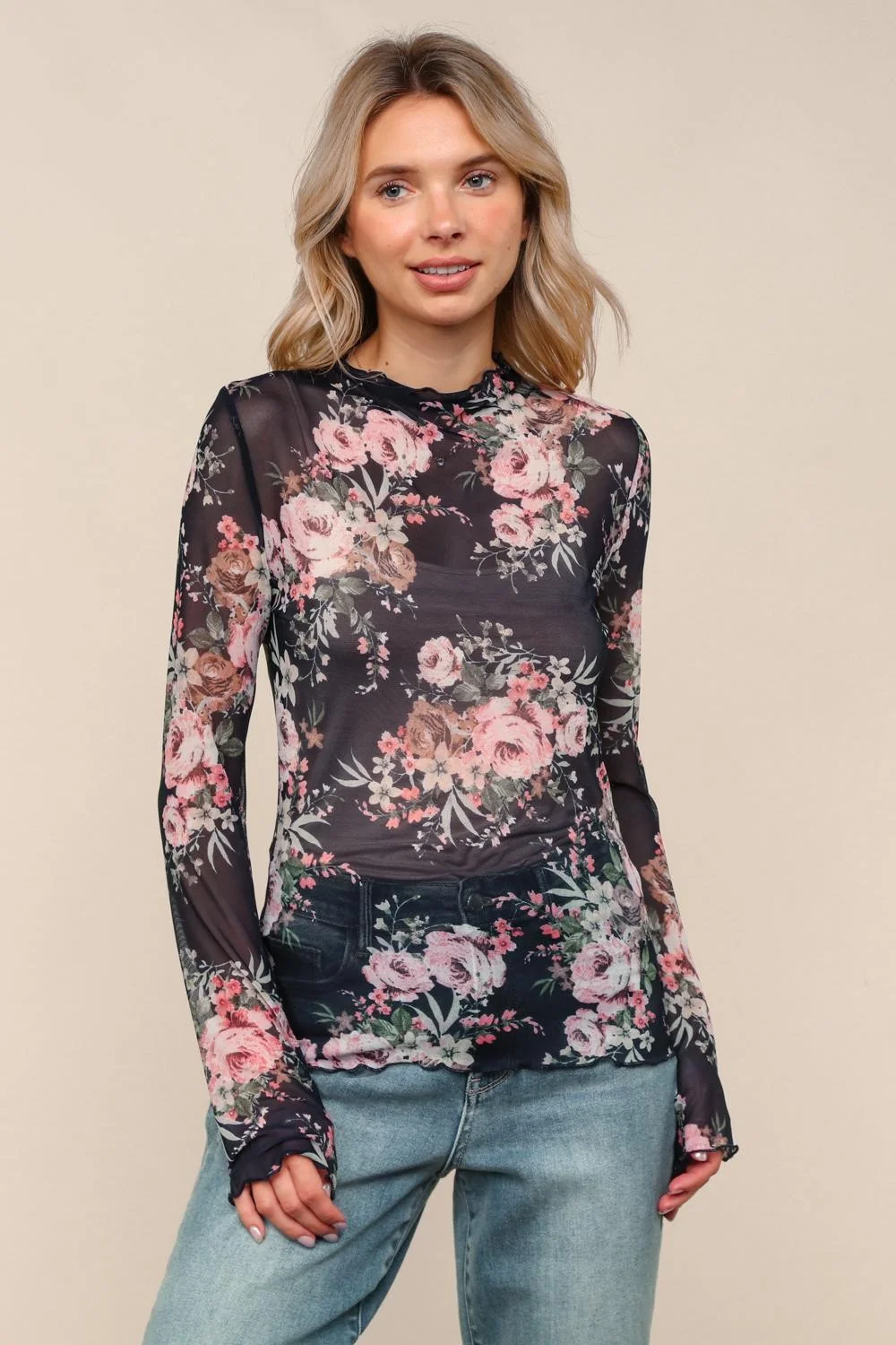 Plus Navy High Neck Semi Sheer Top - Image 5