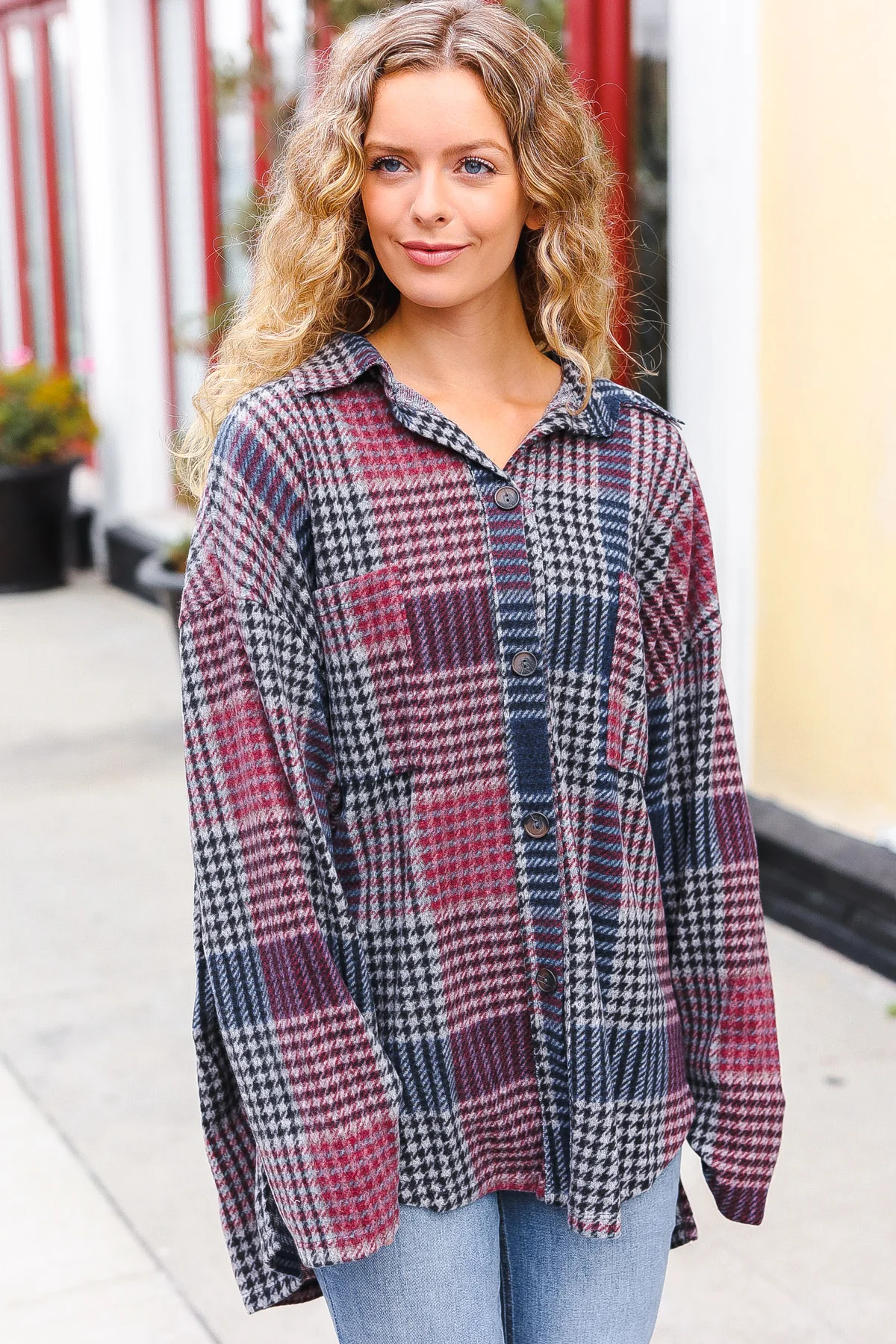 Plus Navy & Maroon Brushed Plaid Shacket - Image 3