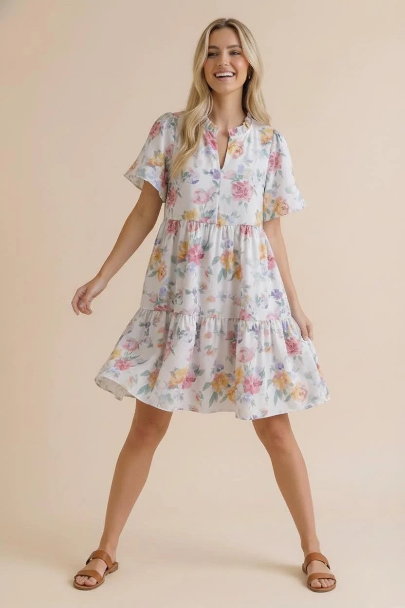 PLUS NOTCH NECK  BABYDOLL TIERED FLORAL DRESS