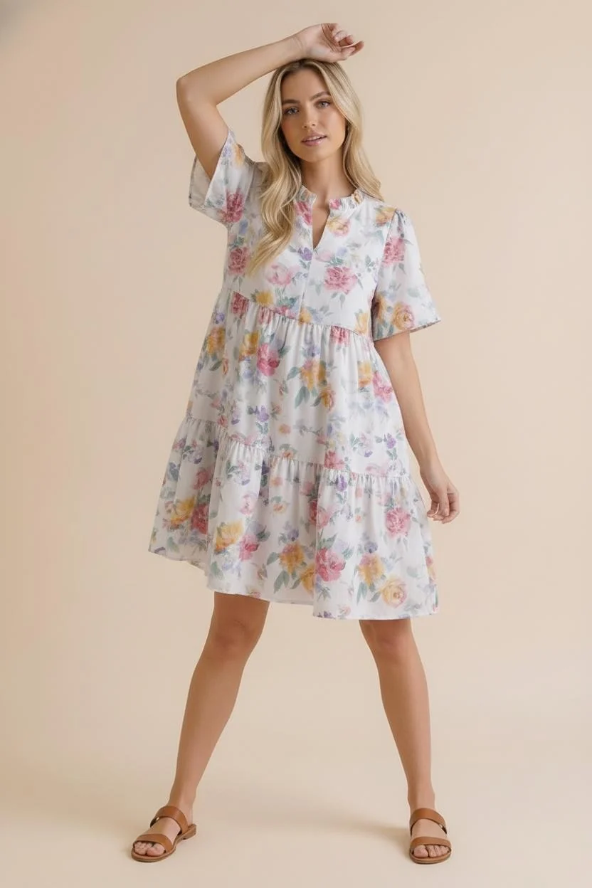 PLUS NOTCH NECK  BABYDOLL TIERED FLORAL DRESS - Image 2