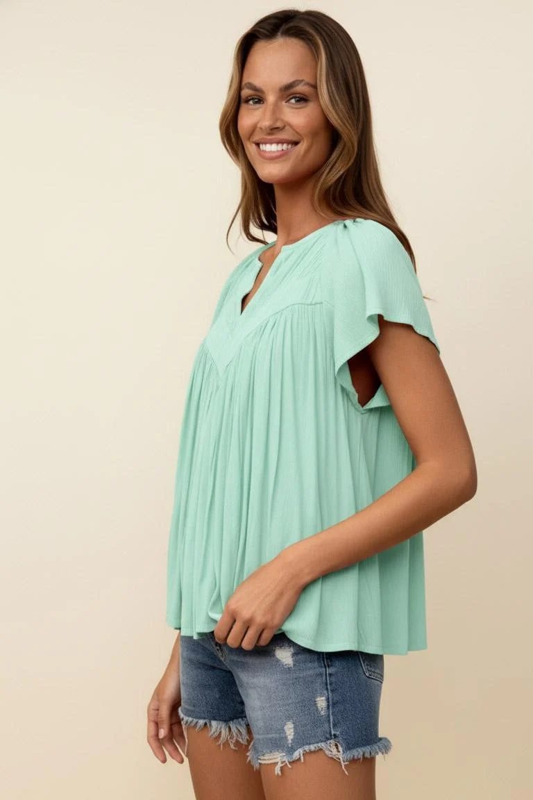 NOTCH NECK RAGLAN FLUTTER SHIRRED YOKE BLOUSE - Image 7