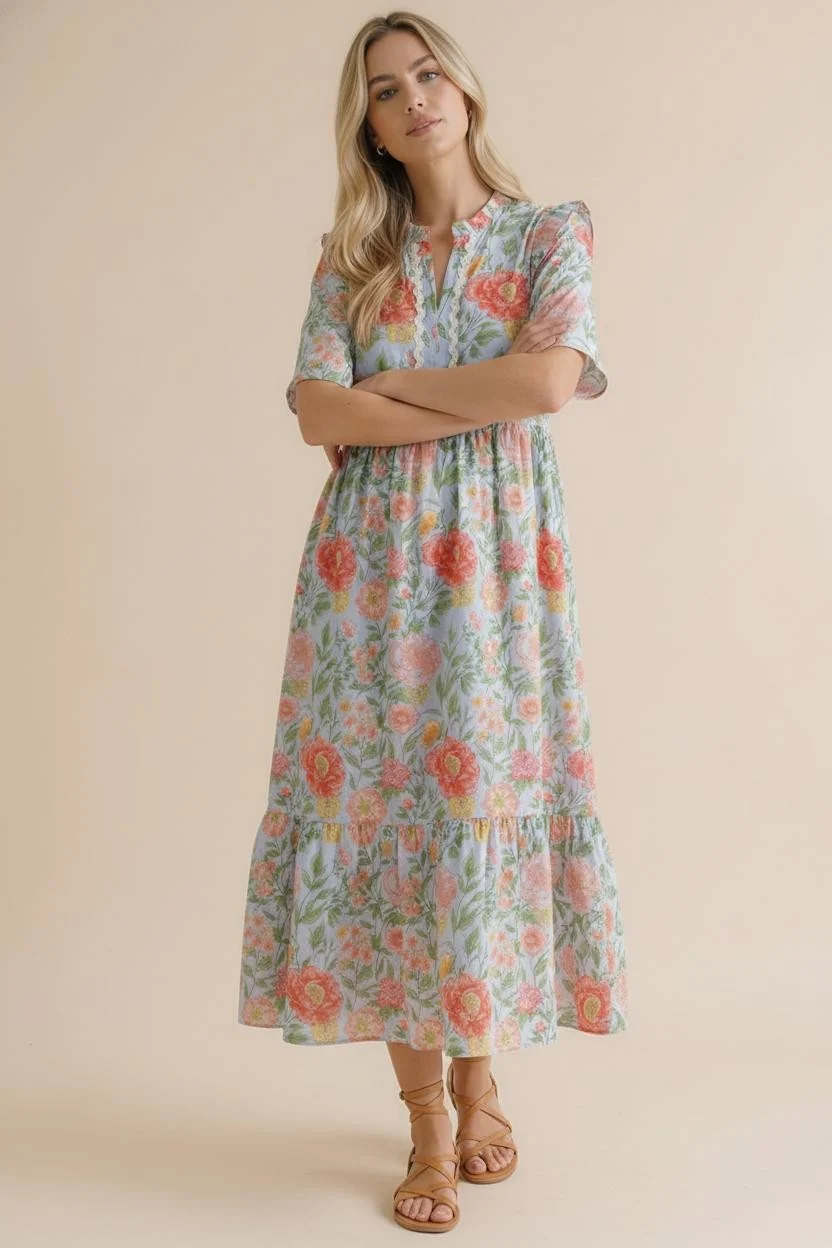 PLUS NOTCH NECK RIC RAC  BABYDOLL TIERED  FLORAL DRESS - Image 2