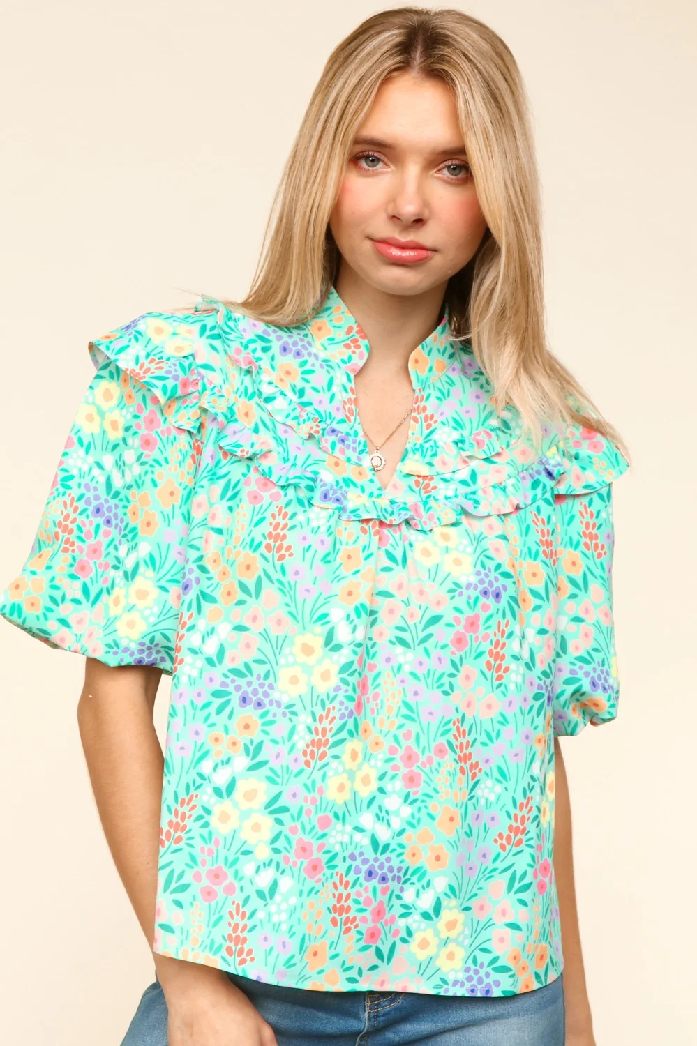 PLUS NOTCH NECK RUFFLE AND PUFF SHORT SLEEVE TOP - Image 6