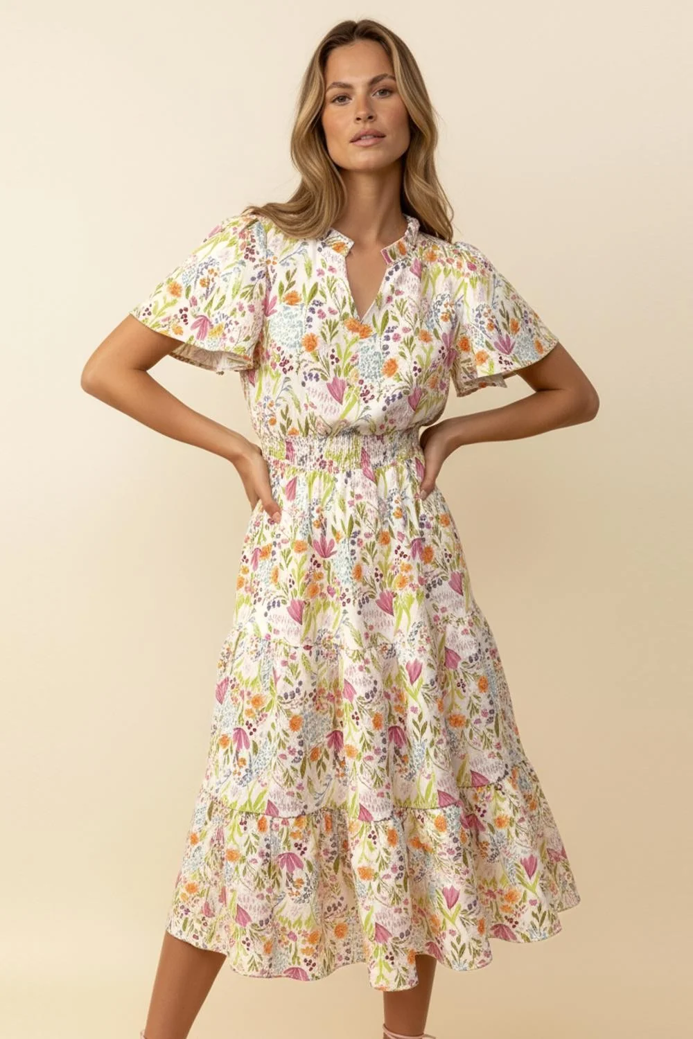 NOTCH NECK SMOCKED WAIST TIERED FLORAL DRESS - Image 5