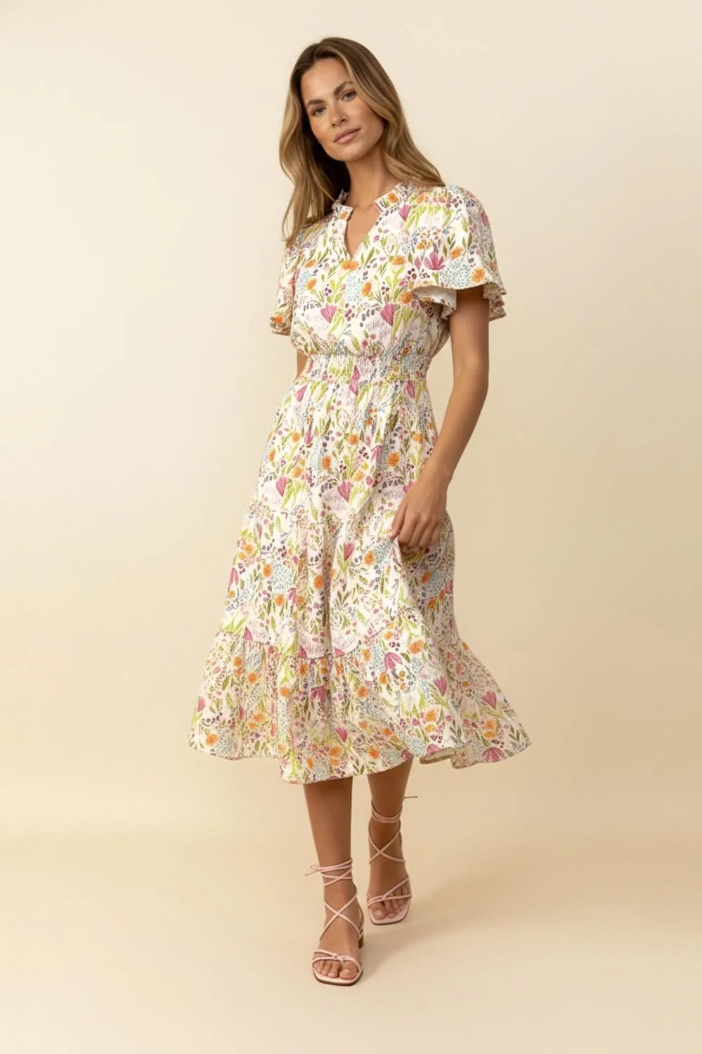 NOTCH NECK SMOCKED WAIST TIERED FLORAL DRESS - Image 3