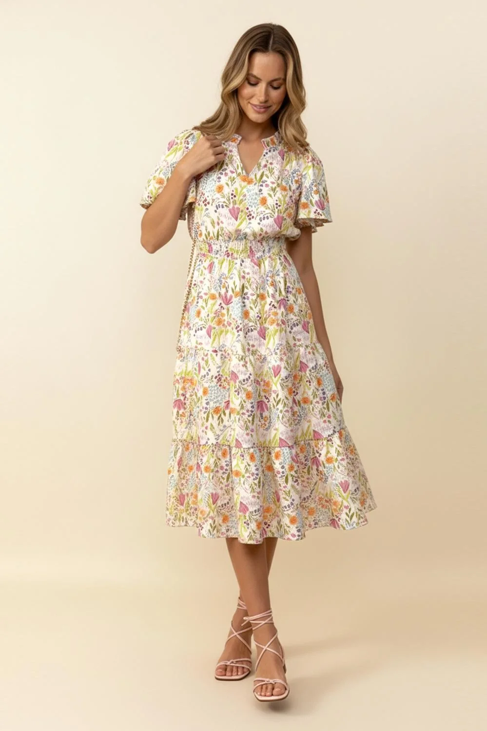 NOTCH NECK SMOCKED WAIST TIERED FLORAL DRESS - Image 4