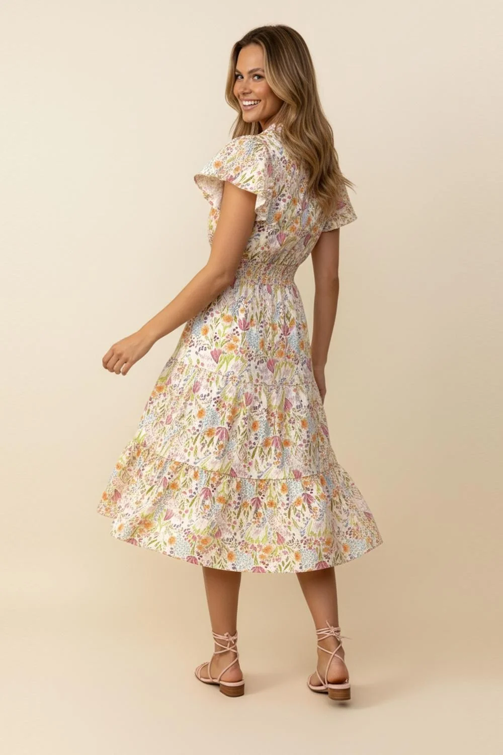 NOTCH NECK SMOCKED WAIST TIERED FLORAL DRESS - Image 6