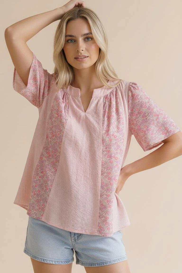 NOTCH NECK STRIPE FLORAL FLUTTER SHORT SLEEVE TOP - Image 3