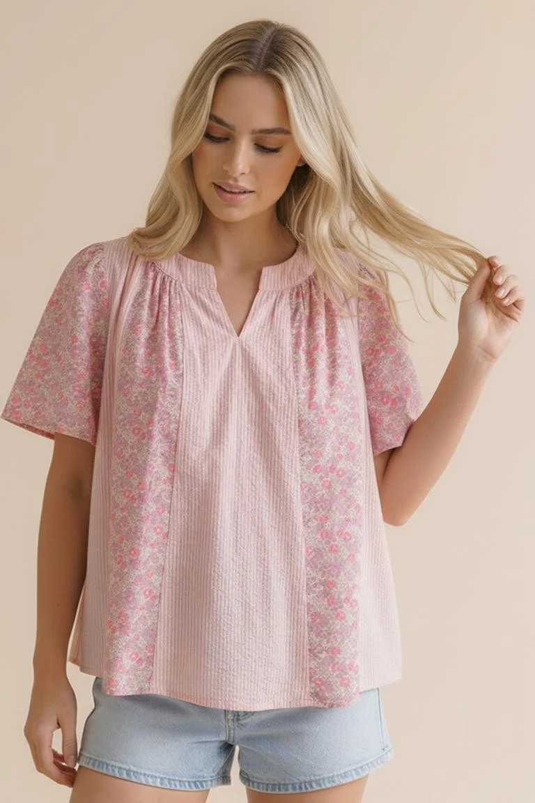 NOTCH NECK STRIPE FLORAL FLUTTER SHORT SLEEVE TOP - Image 6