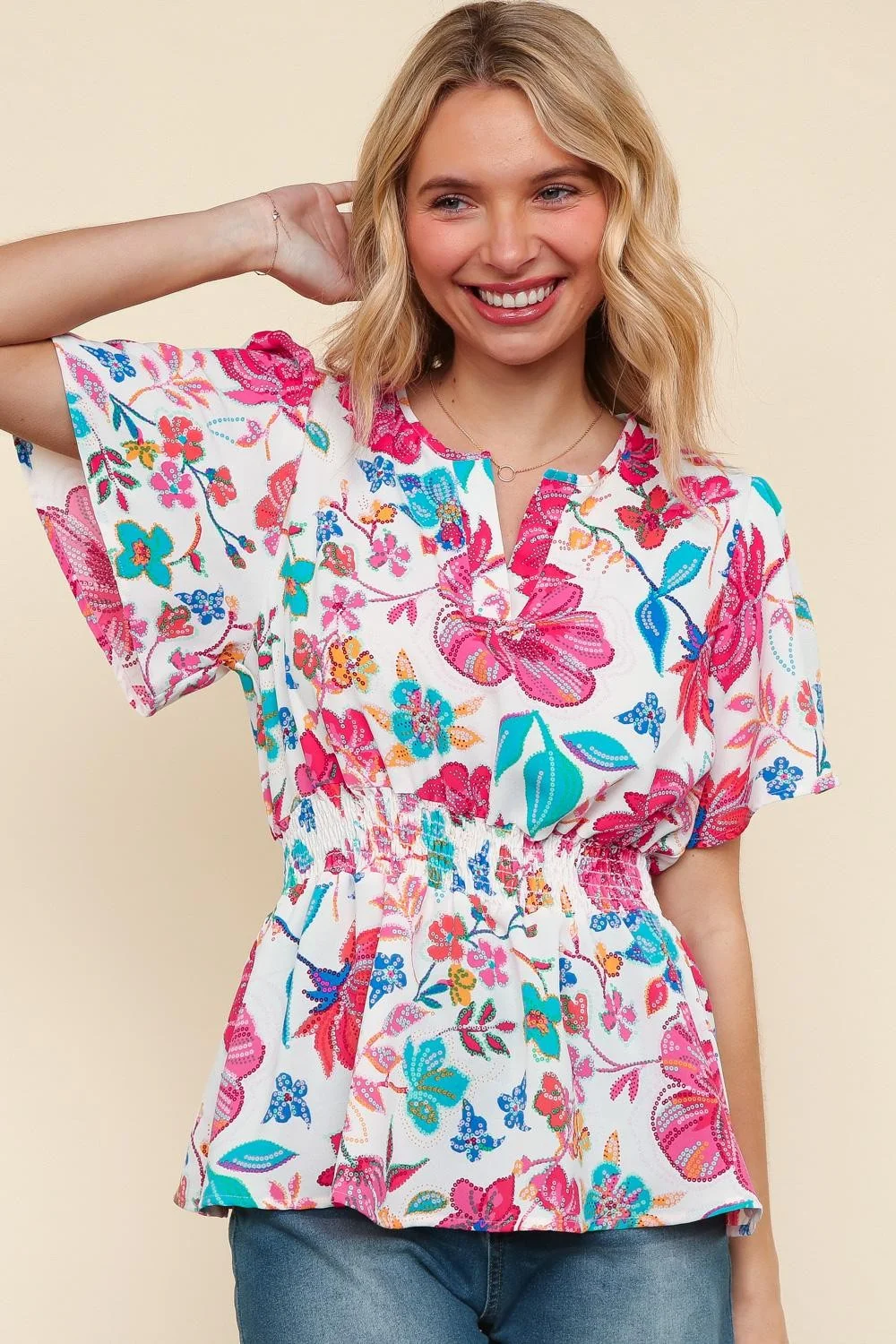 NOTCHED NECK SMOCKED WAIST FLORAL WOVEN TOP - Image 7