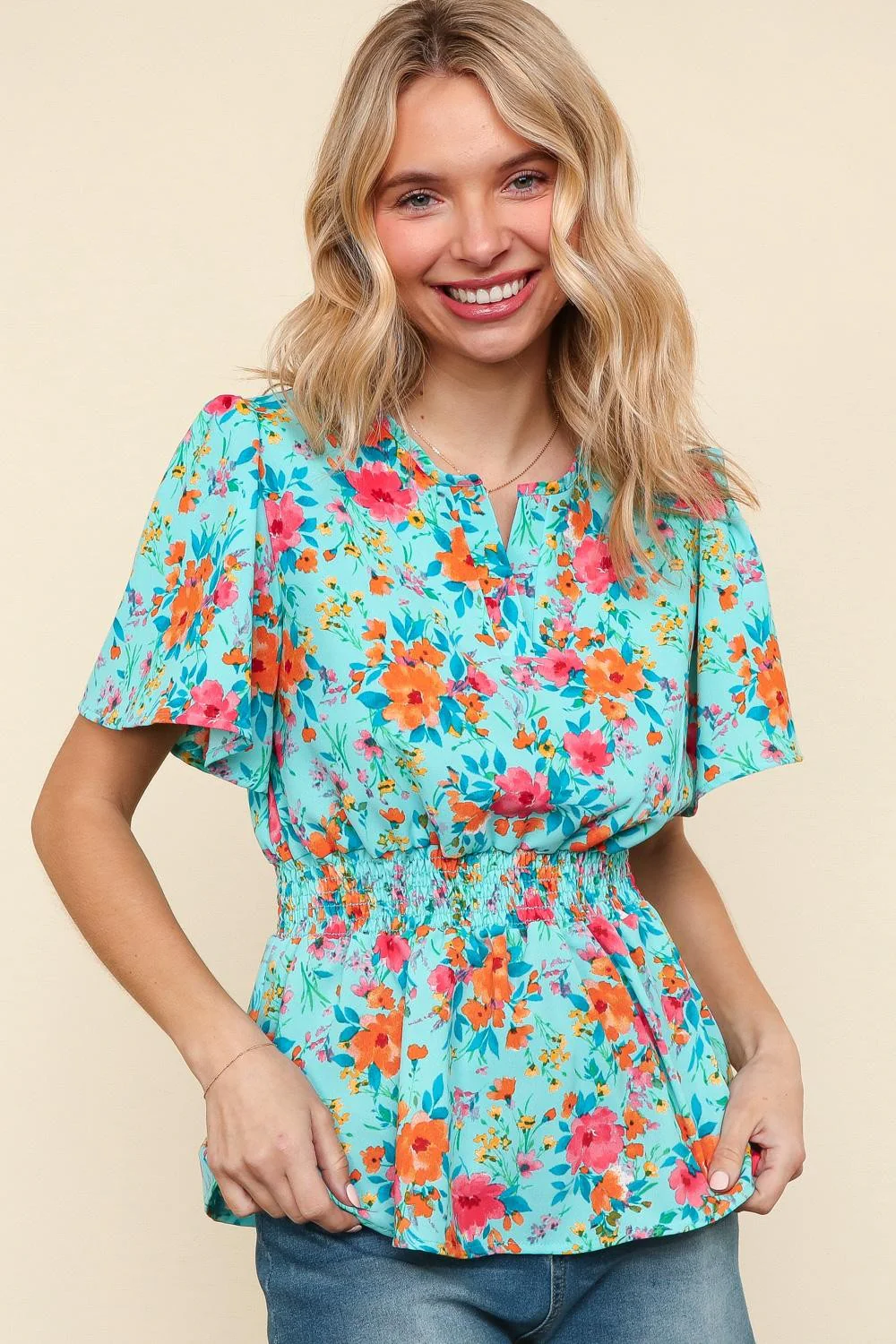 PLUS NOTCHED NECK SMOCKED WAIST FLORAL WOVEN TOP - Image 4