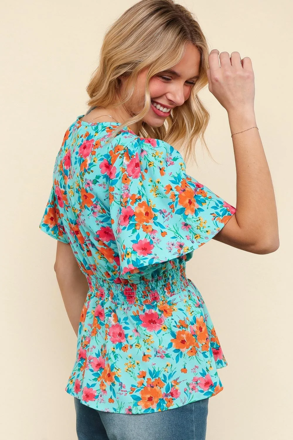 PLUS NOTCHED NECK SMOCKED WAIST FLORAL WOVEN TOP - Image 5