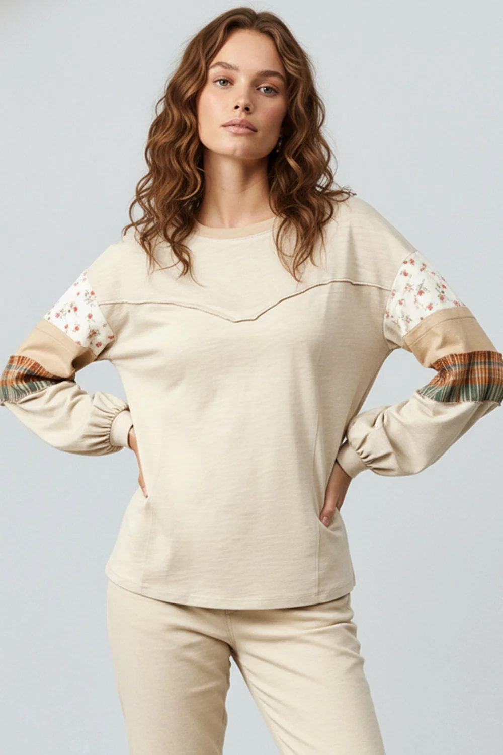 OATMEAL FLORAL CHECK COLOR BLOCK LONG SLEEVE KNIT TOP - Image 4