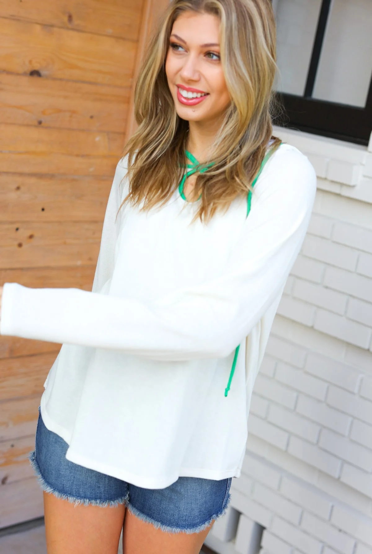 Plus Clover Oatmeal & Kelly Green Cut Out Neck Long Sleeve Hoodie Top - Image 10