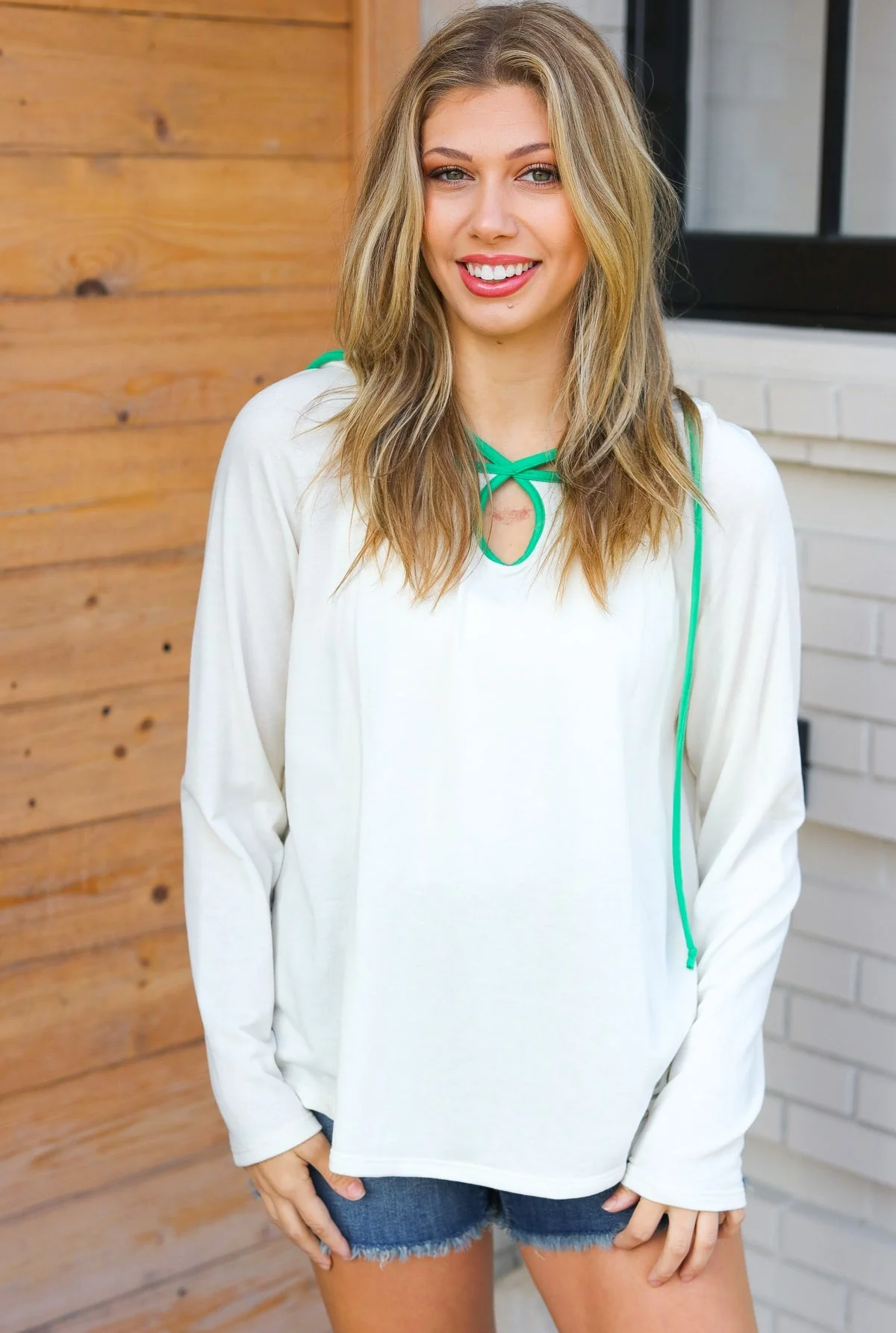 Plus Clover Oatmeal & Kelly Green Cut Out Neck Long Sleeve Hoodie Top - Image 6