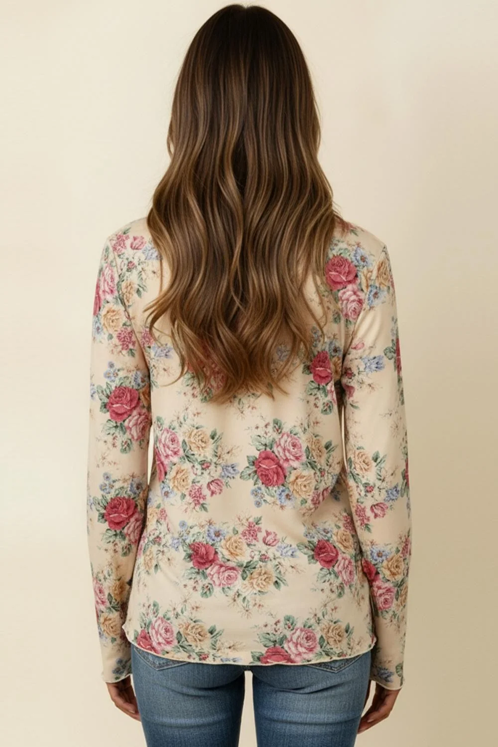 PLUS OATMEAL MERROW HEM LONG SLEEVE VINTAGE FLORAL TOP - Image 3