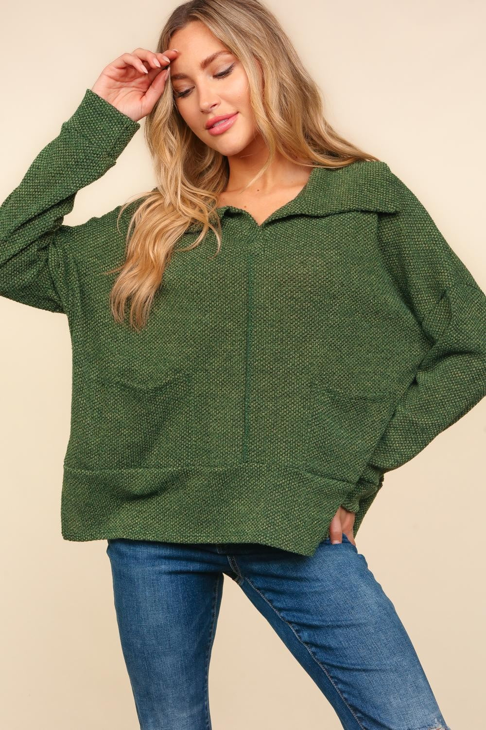 PLUS OLIVE COLLARED NOTCH NECK OVERSIZED SWEATER KNIT TOP - Image 3