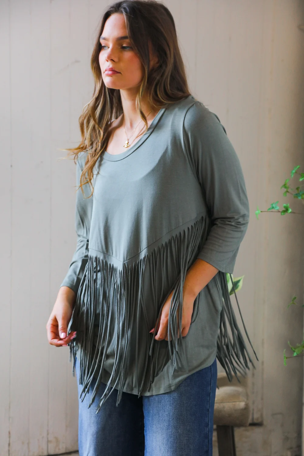 Plus Olive Fringe Design Top - Image 3