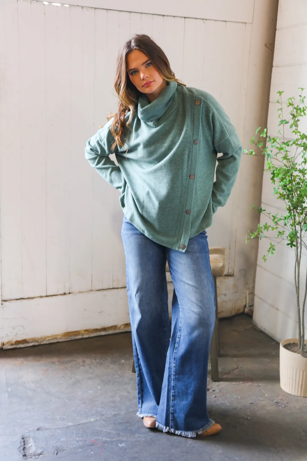 Plus Olive Hacci Button Sweater - Image 3