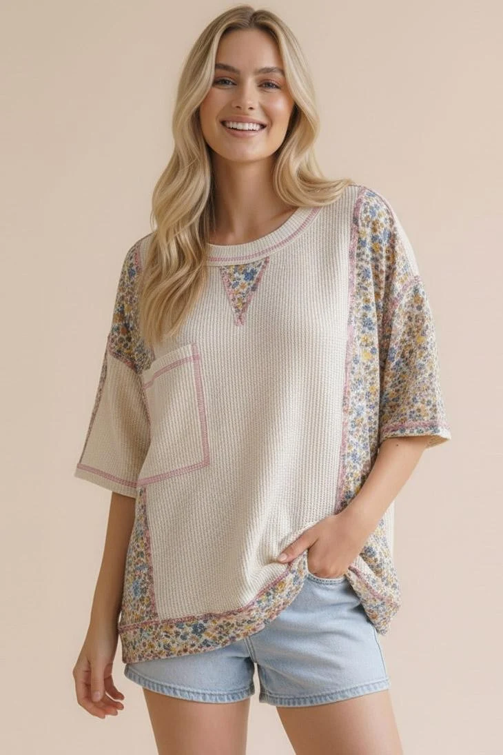 PLUS OVERSIZED FLORAL COLOR BLOCK THERMAL KNIT TOP - Image 5