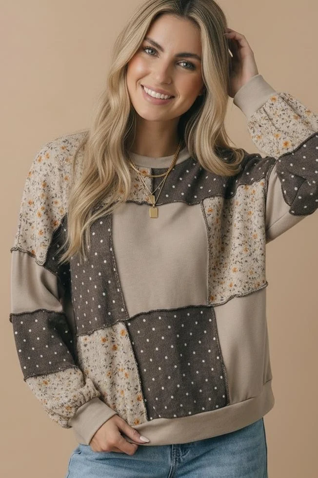 Plus Patchwork Floral and Polka Dot Pullover Sweatshirt - Image 2