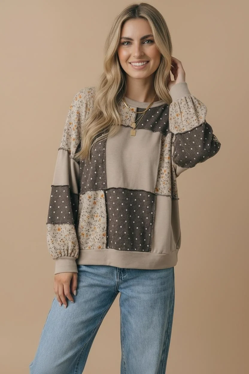 Plus Patchwork Floral and Polka Dot Pullover Sweatshirt - Image 3