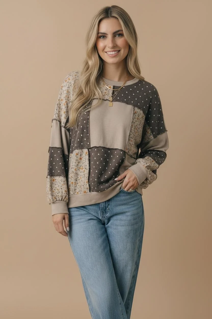 Plus Patchwork Floral and Polka Dot Pullover Sweatshirt - Image 7
