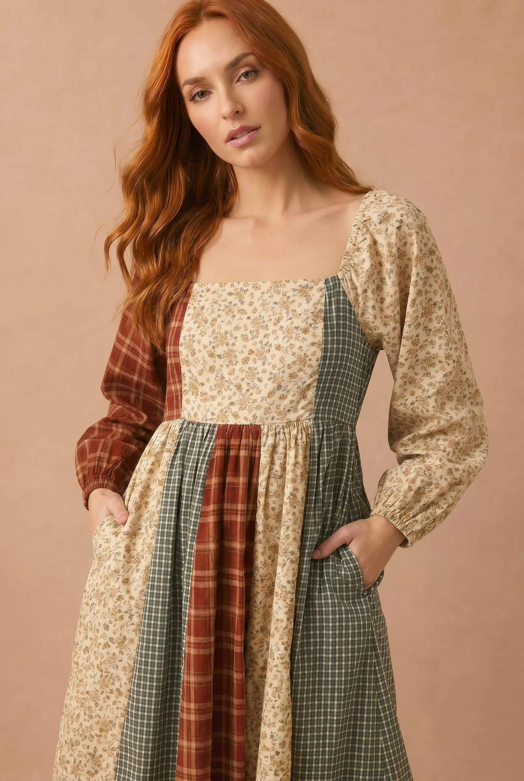 Plus Patchwork Mixed Print Square Neck Midi Dress - Image 4