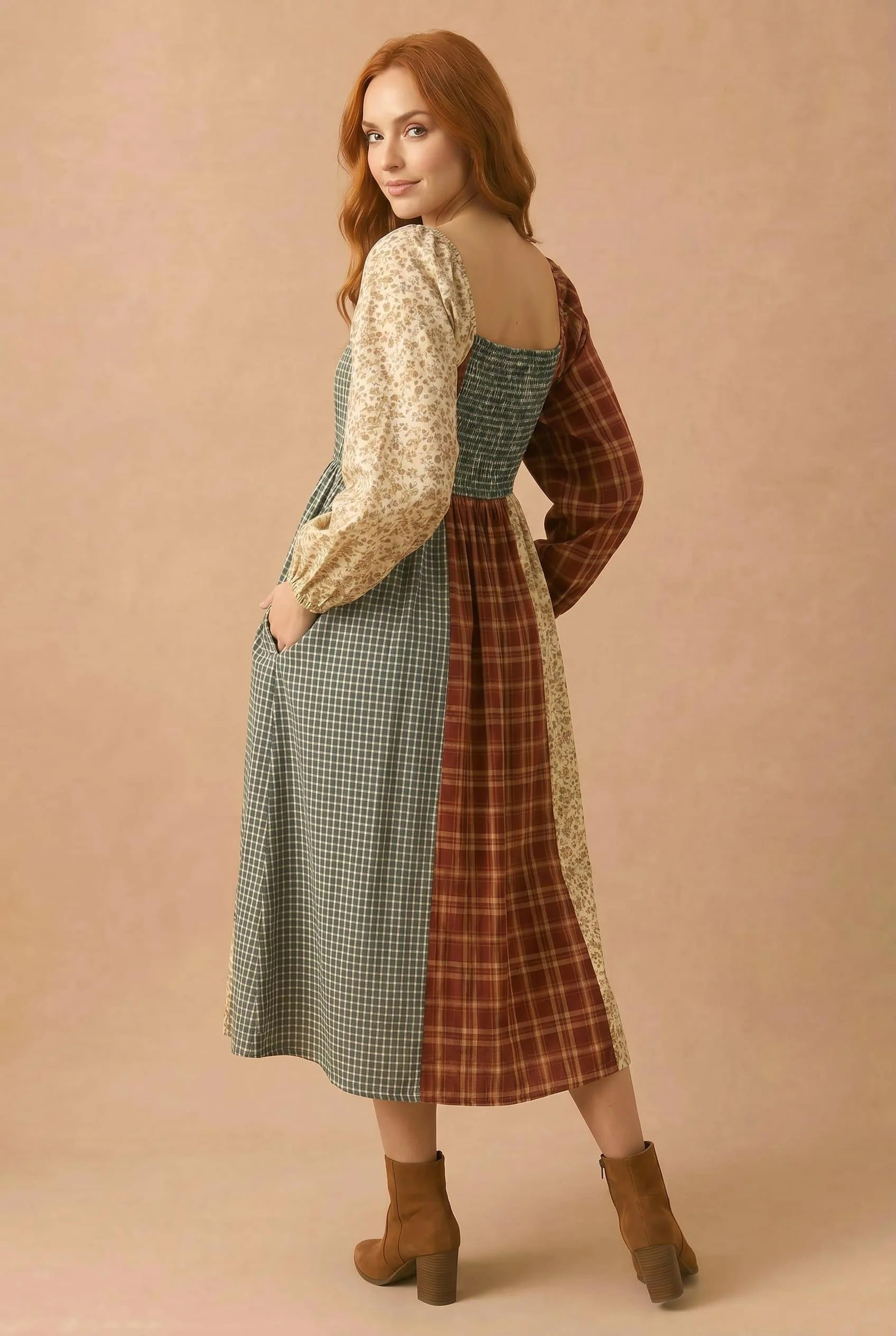 Plus Patchwork Mixed Print Square Neck Midi Dress - Image 5