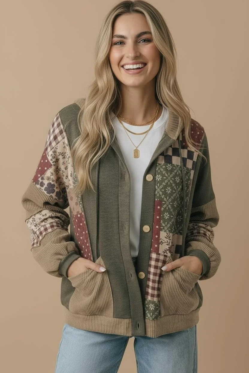 Plus Patchwork Print Button Down Cardigan Jacket - Image 2