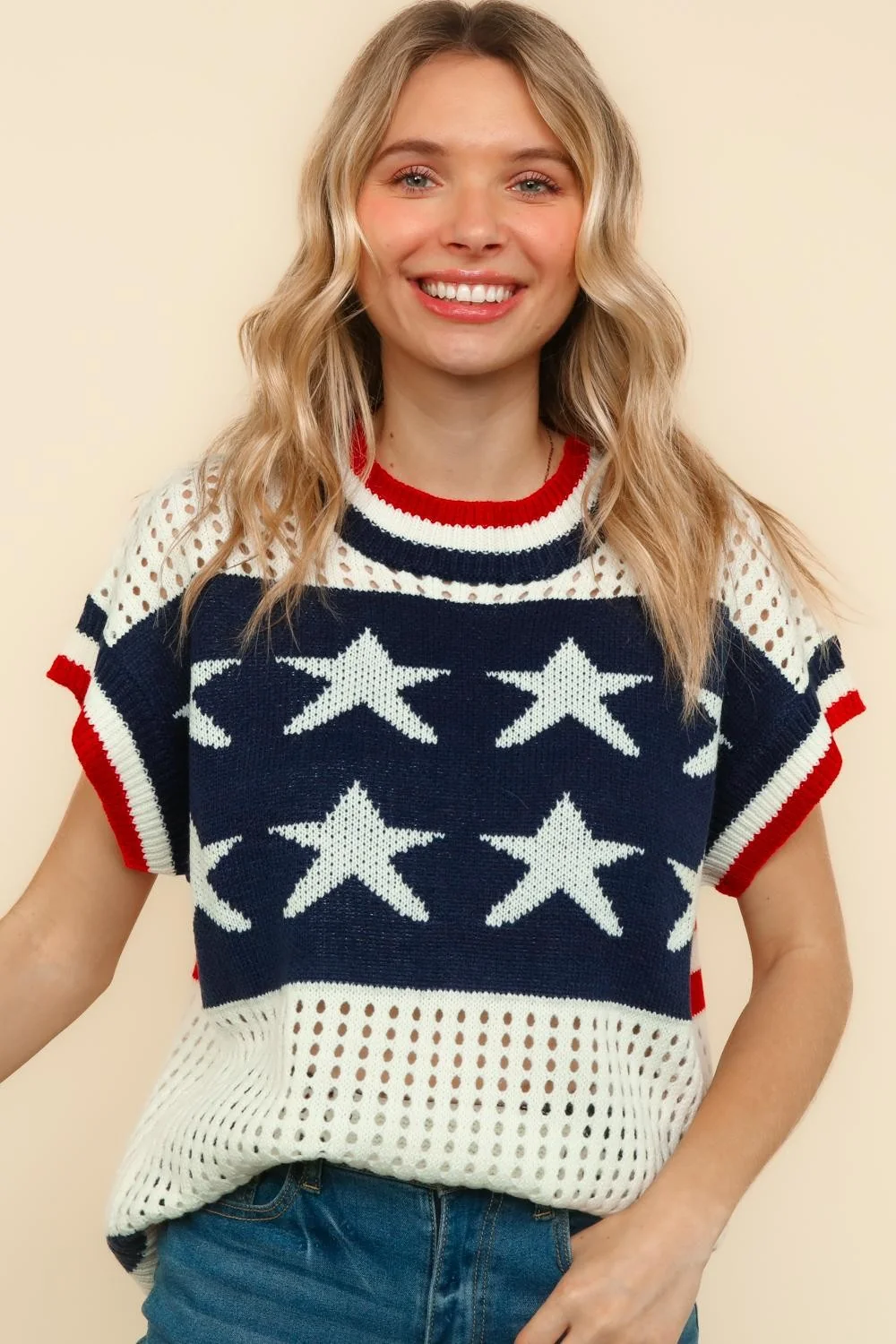 Patriotic Star and Stripe Netted Sweater Top - Image 2