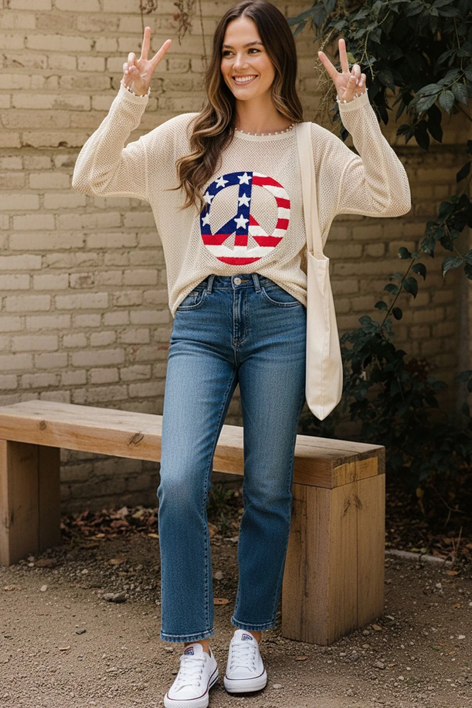 PLUS PEACE PATRIOTIC EMBROIDERY NETTED SWEATER - Image 2