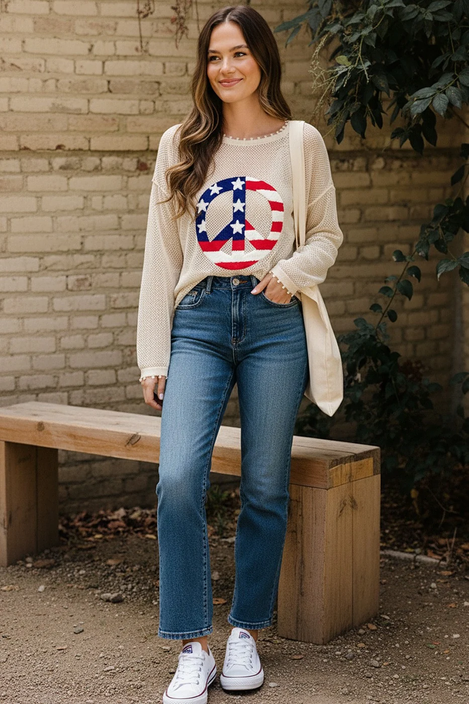 PLUS PEACE PATRIOTIC EMBROIDERY NETTED SWEATER - Image 4