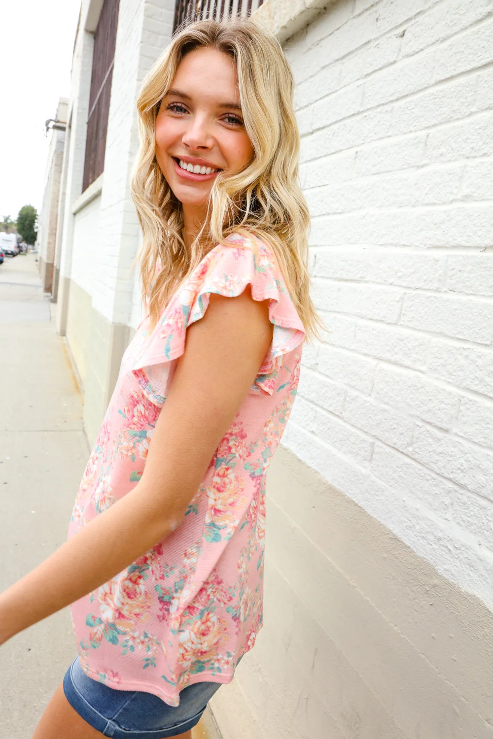 Peach/Blue Ruffle Short Sleeve Floral Print Knit Top - Image 5