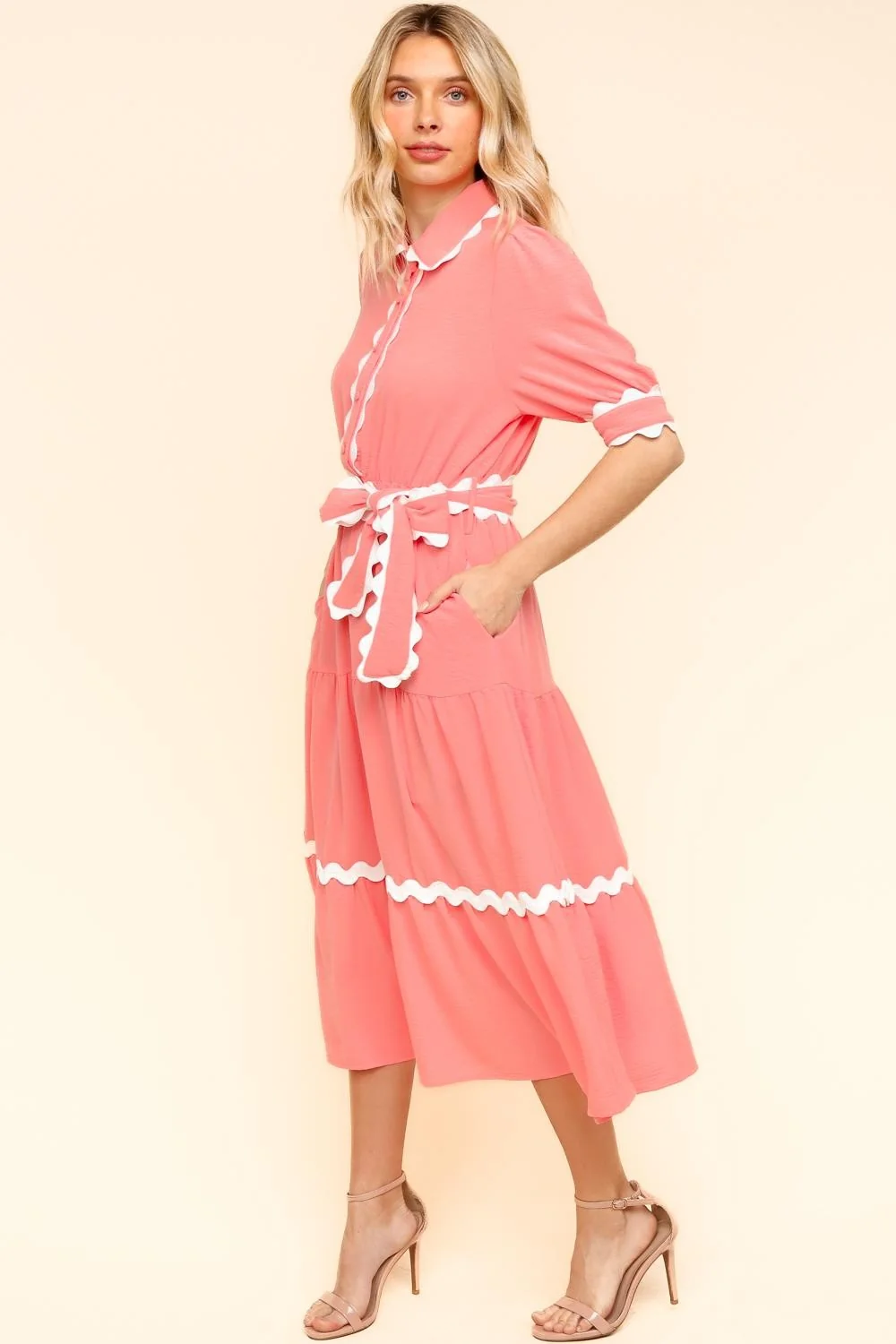 PLUS PEACH COLLARED BUTTON DOWN WOVEN DRESS W/ POCKETS - Image 3