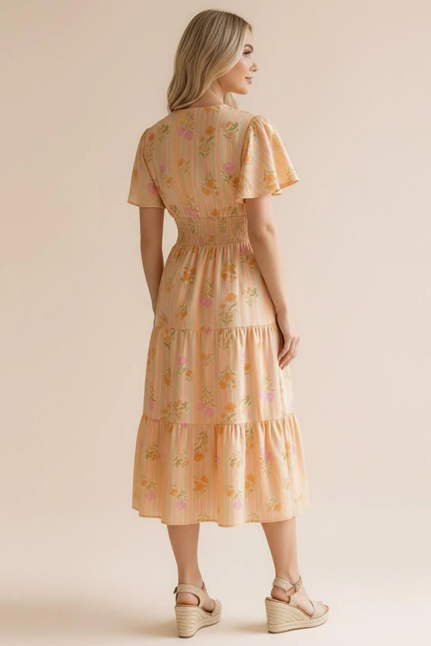 PLUS PEACH V NECK SMOCKED WAIST TIERED MIDI FLORAL DRESS - Image 4